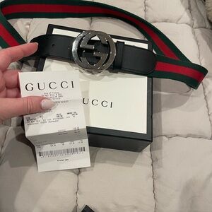 Gucci Black Leather Belt with Green and Red Stripes